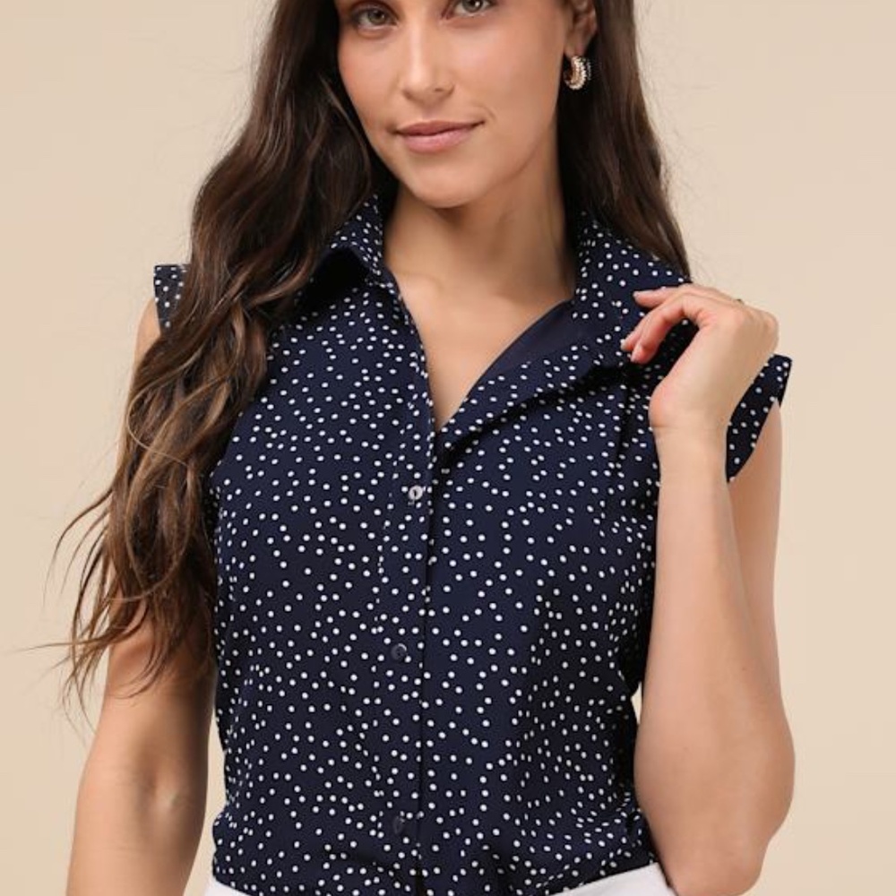 Lulus Chic Candidate Navy Polka Dot Collared Sleeveless Button-up Top Blue